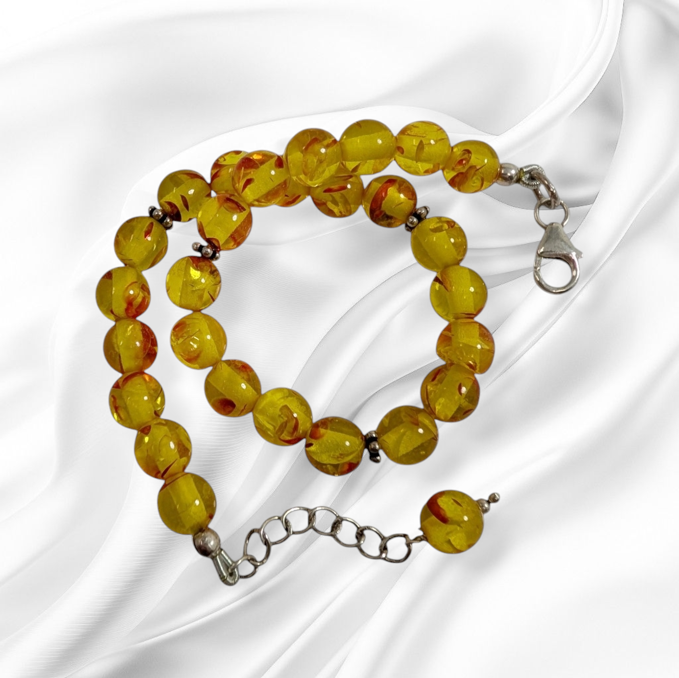 Authentic Natural Amber with 925 Sterling Silver Women's Beads Bracelet