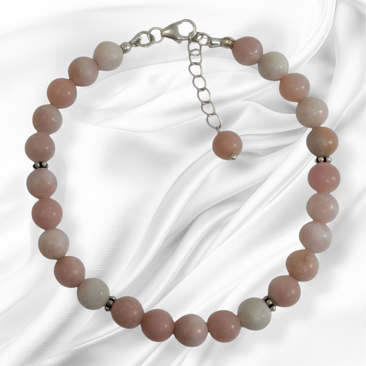 Authentic Pink Opal Gemstones with 925 Sterling Silver Women's Beads Bracelet