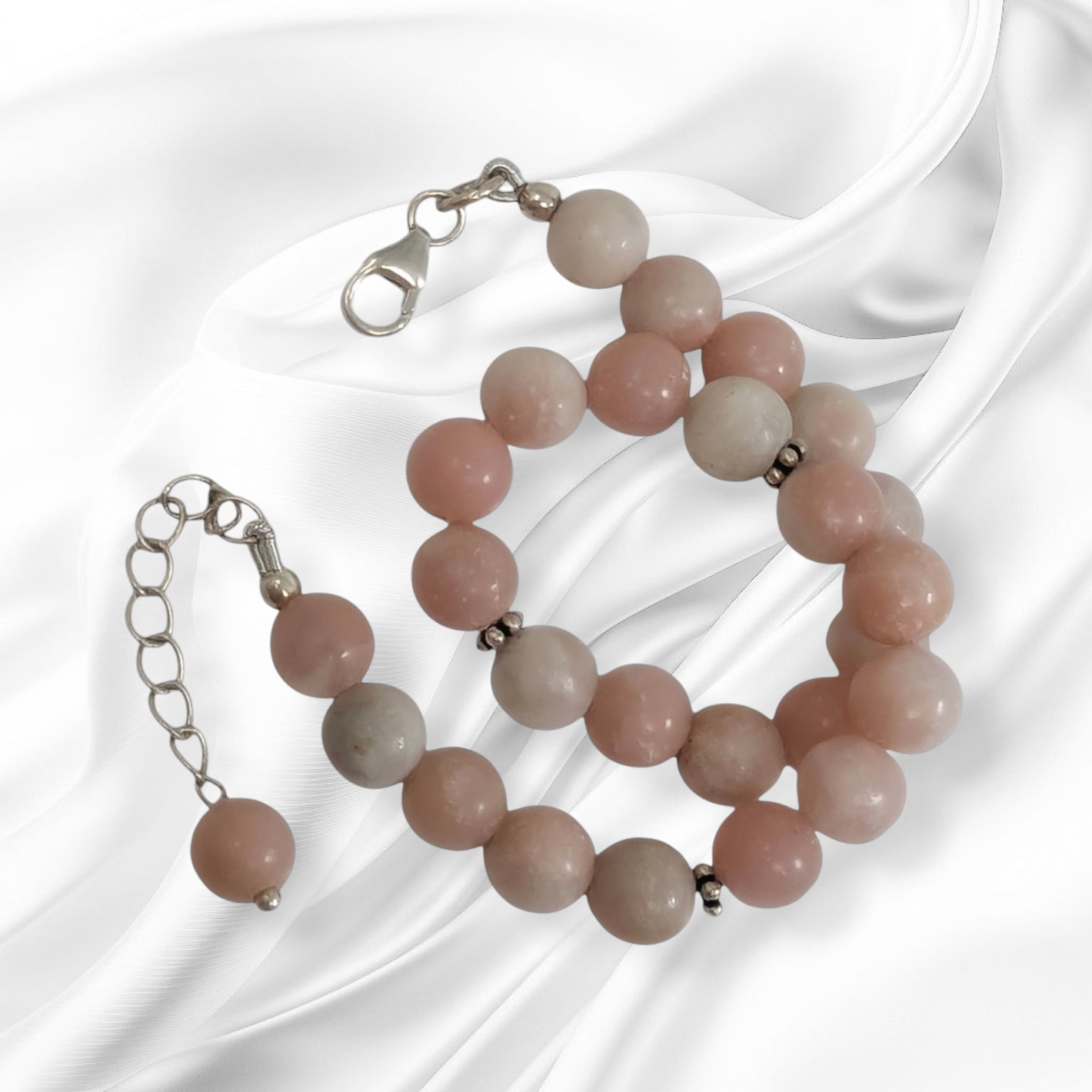 Authentic Pink Opal Gemstones with 925 Sterling Silver Women's Beads Bracelet