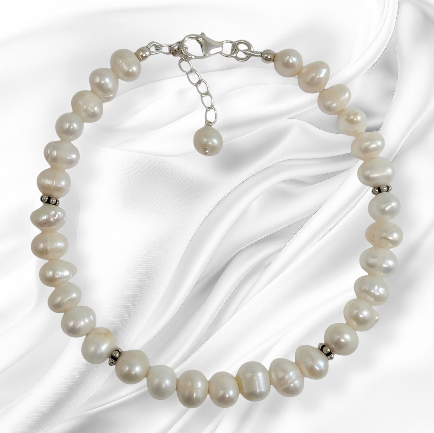 Authentic Freshwater Pearls with 925 Sterling Silver Women's Beads Bracelet