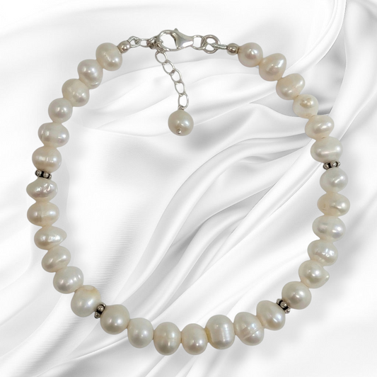 Authentic Freshwater Pearls with 925 Sterling Silver Women's Beads Bracelet