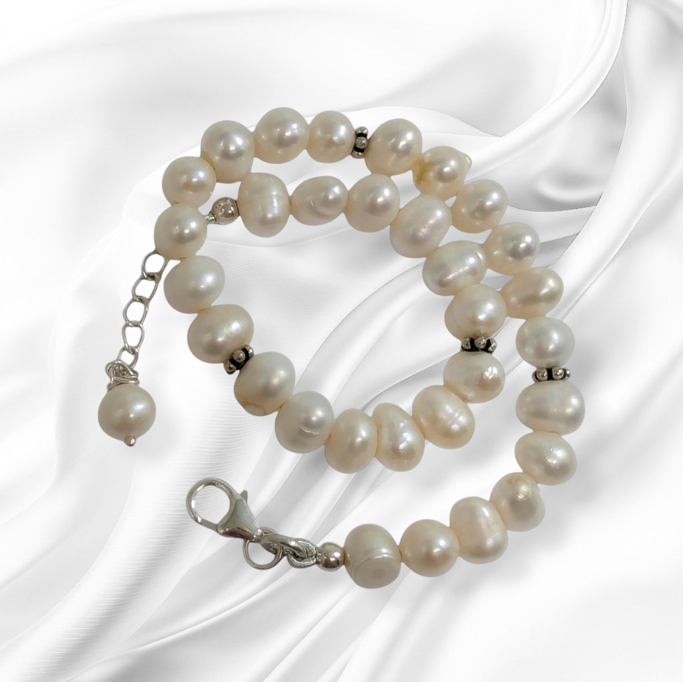 Authentic Freshwater Pearls with 925 Sterling Silver Women's Beads Bracelet