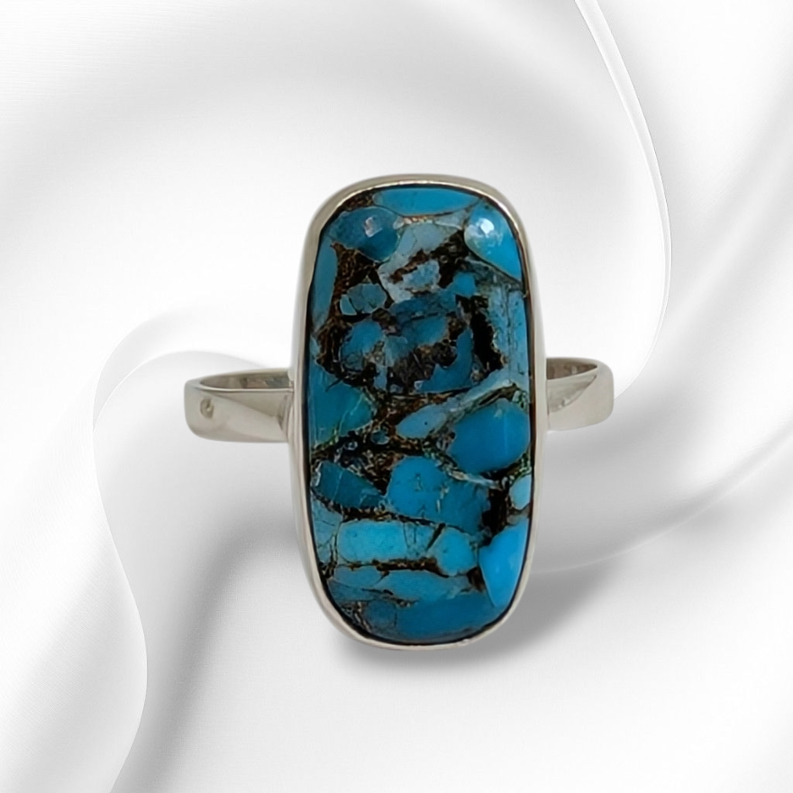 925 Sterling Silver Women's Ring with Authentic Blue Copper Turquoise Gemstone