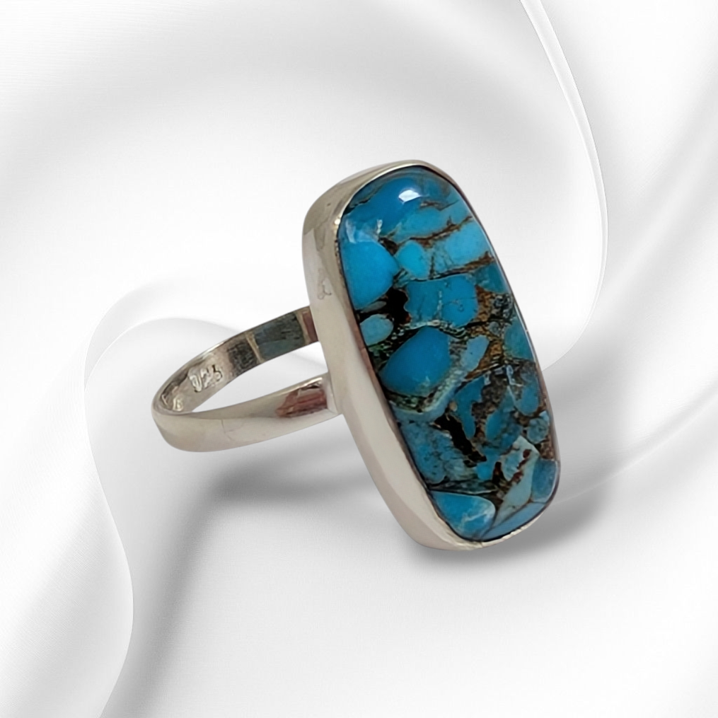 925 Sterling Silver Women's Ring with Authentic Blue Copper Turquoise Gemstone