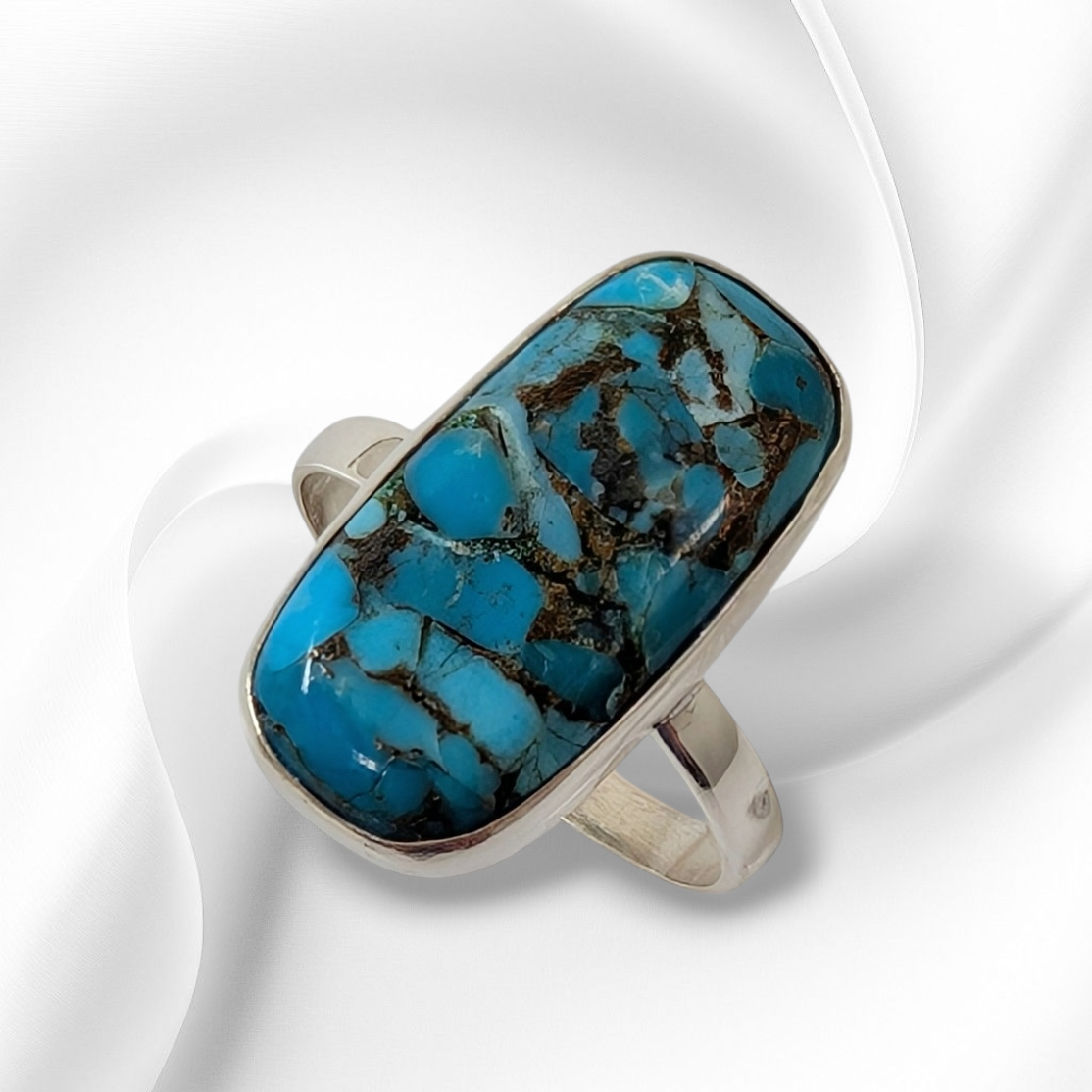 925 Sterling Silver Women's Ring with Authentic Blue Copper Turquoise Gemstone