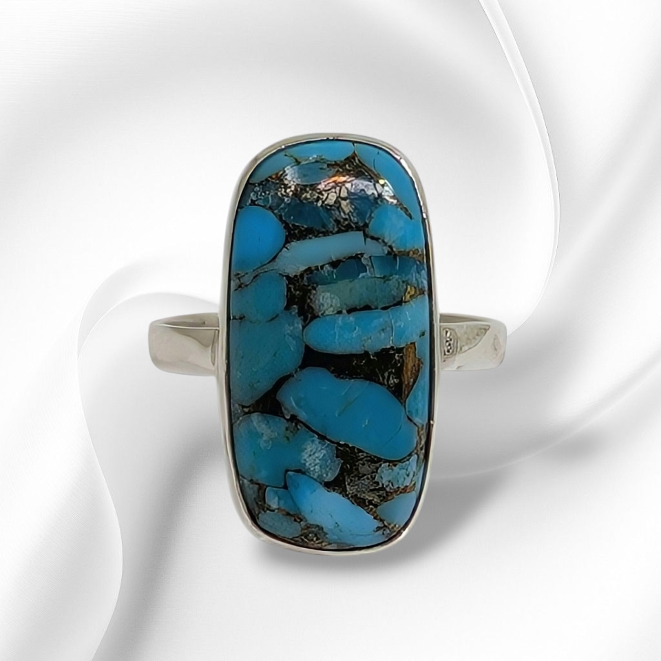 925 Sterling Silver Women's Ring with Authentic Blue Copper Turquoise Gemstone