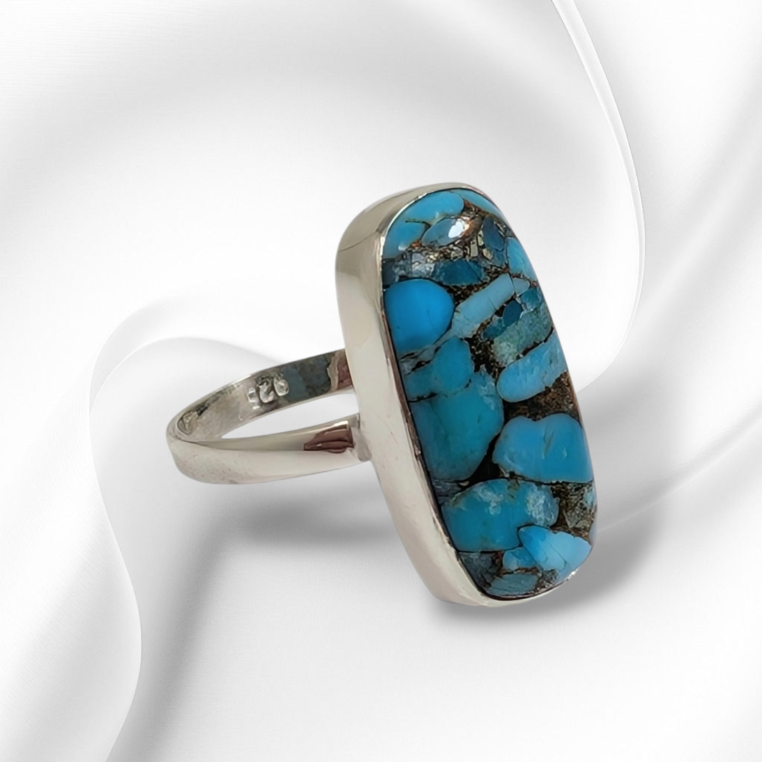 925 Sterling Silver Women's Ring with Authentic Blue Copper Turquoise Gemstone