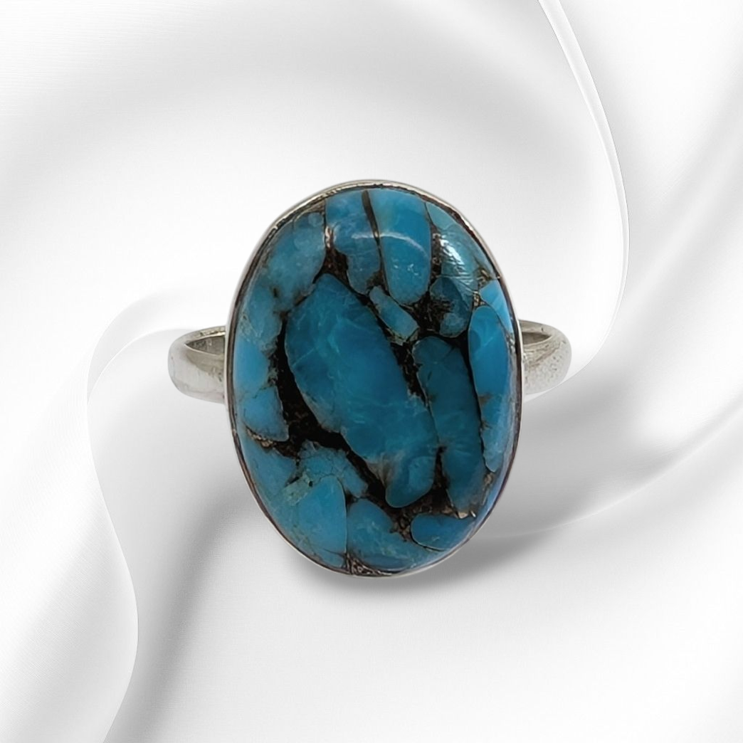 925 Sterling Silver Women's Ring with Authentic Blue Copper Turquoise Gemstone