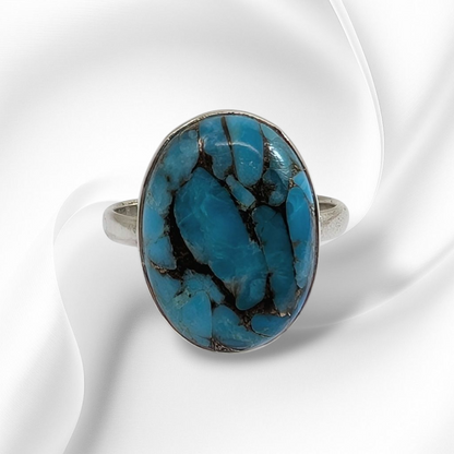 925 Sterling Silver Women's Ring with Authentic Blue Copper Turquoise Gemstone