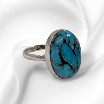 925 Sterling Silver Women's Ring with Authentic Blue Copper Turquoise Gemstone