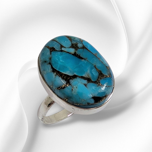 925 Sterling Silver Women's Ring with Authentic Blue Copper Turquoise Gemstone