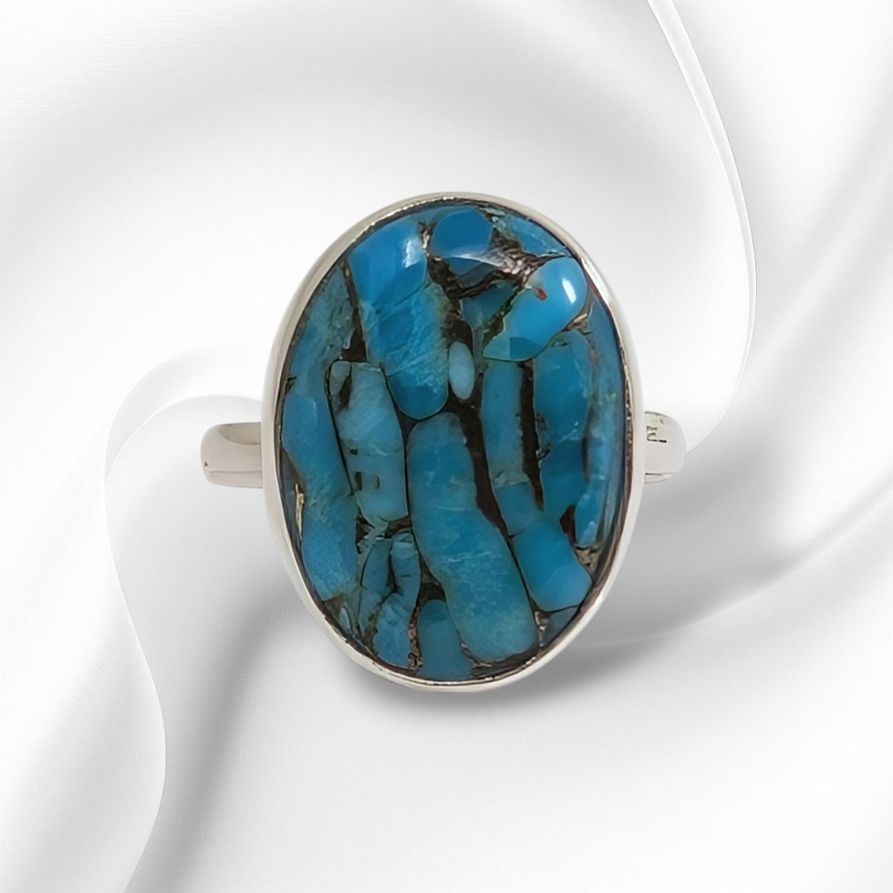 925 Sterling Silver Women's Ring with Authentic Blue Copper Turquoise Gemstone