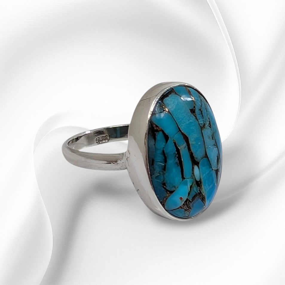 925 Sterling Silver Women's Ring with Authentic Blue Copper Turquoise Gemstone