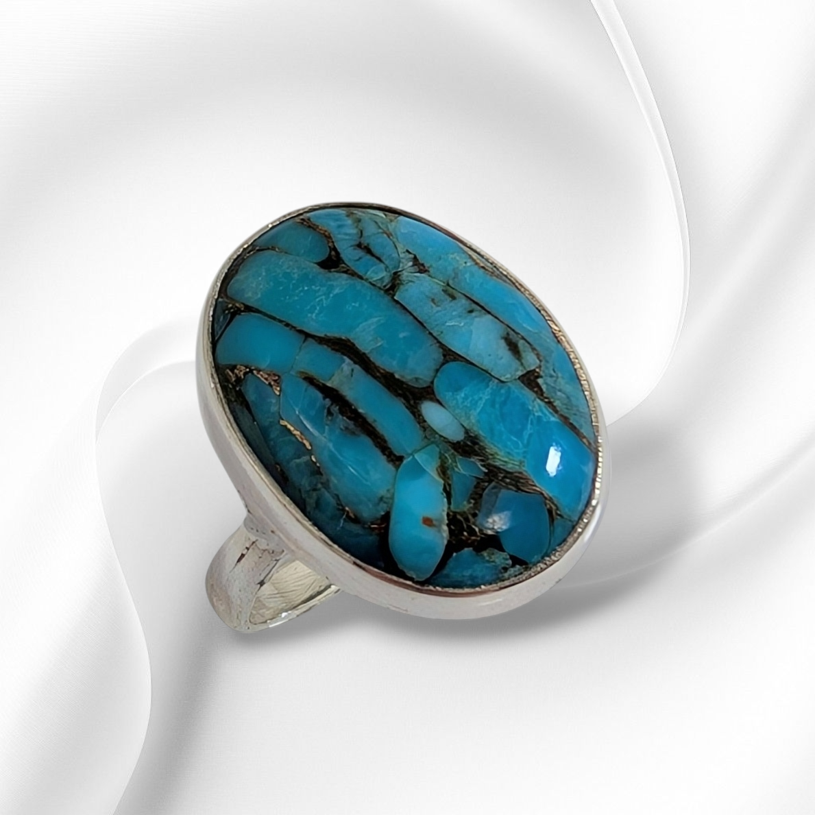 925 Sterling Silver Women's Ring with Authentic Blue Copper Turquoise Gemstone