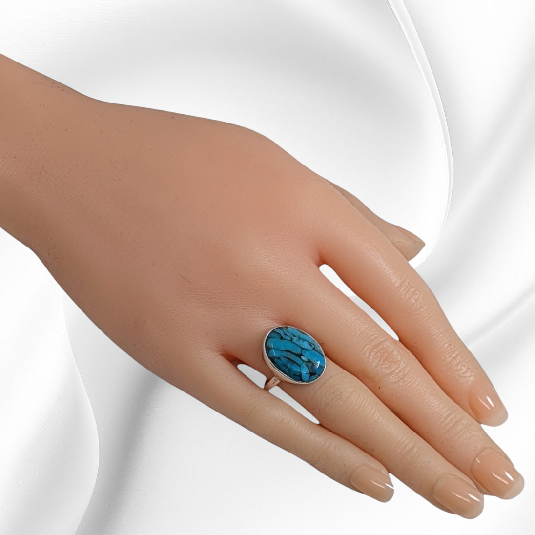 925 Sterling Silver Women's Ring with Authentic Blue Copper Turquoise Gemstone