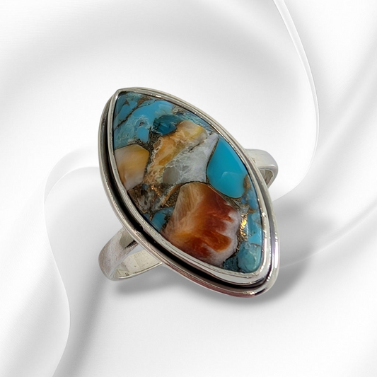 925 Sterling Silver Women's Ring with Authentic Oyster Copper Turquoise Gemstone