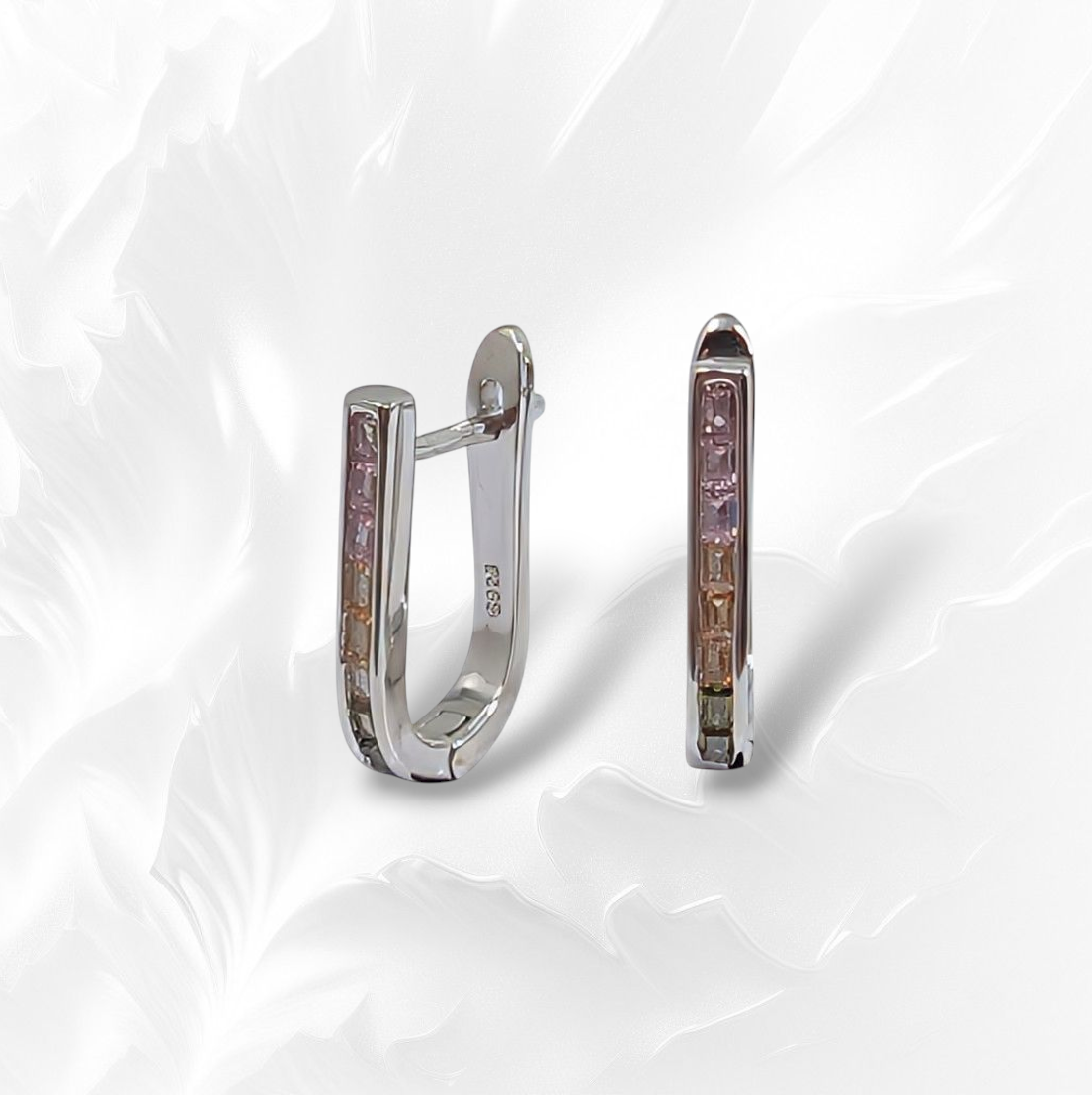 925 Sterling Silver Omega Look Earrings with Cubic Zirconia Crystals