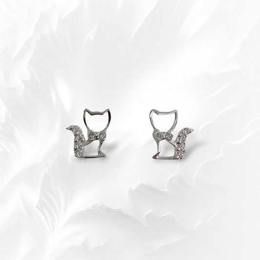925 Sterling Silver Cat Stud Earrings with Cubic Zirconia Crystals