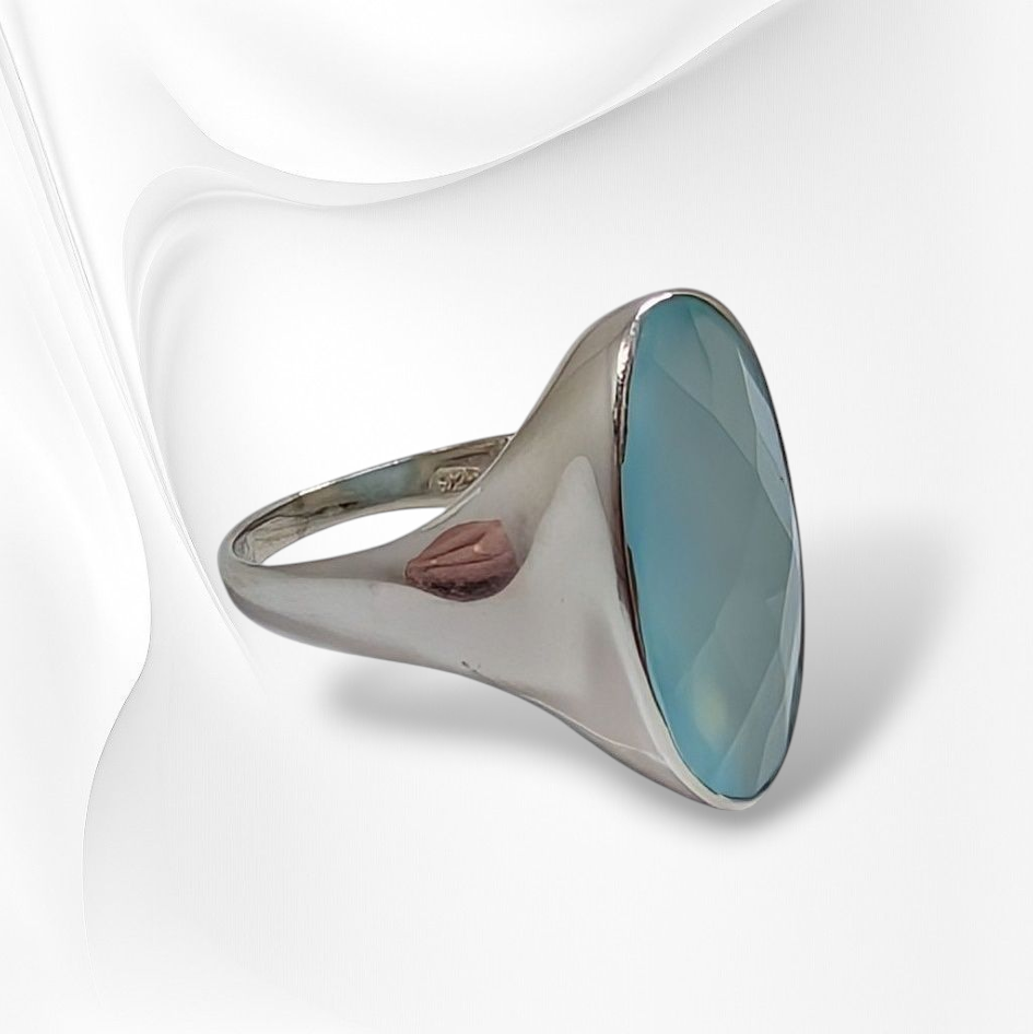 925 Sterling Silver Women's Ring with Authentic Chalcedony Aqua Gemstone