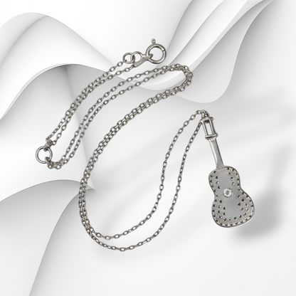 Genuine 925 Sterling Silver Women Necklace With Cubic Zirconia Crystals *Guitar Necklace